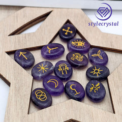 Crystal Rune Stones Set - Obsidian / Clear Quartz / Amethyst / Rose Quartz | Engraved Healing Crystals for Divination & Meditation - StyleCrystals