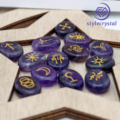 Crystal Rune Stones Set - Obsidian / Clear Quartz / Amethyst / Rose Quartz | Engraved Healing Crystals for Divination & Meditation - StyleCrystals