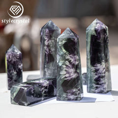 Feather Fluorite Tower Set (6 PCS) | Carved from One Stone | Rare Green & Purple Fluorite Crystals with Feather Inclusions - StyleCrystals