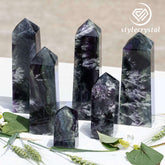 Feather Fluorite Tower Set (6 PCS) | Carved from One Stone | Rare Green & Purple Fluorite Crystals with Feather Inclusions - StyleCrystals