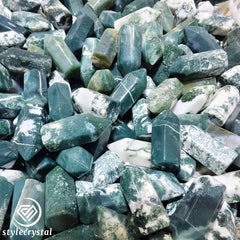 Natural Moss Agate crystal points towers, green gemstone obelisks for crystal healing or home decor