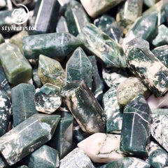 Moss Agate crystal points, gemstone towers with natural green mossy inclusions