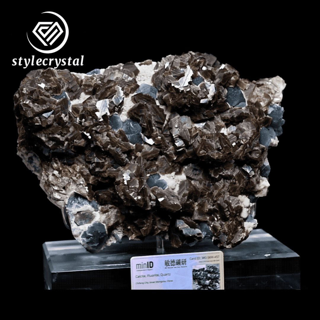 360° rotating view of calcite, fluorite and quartz mineral specimen