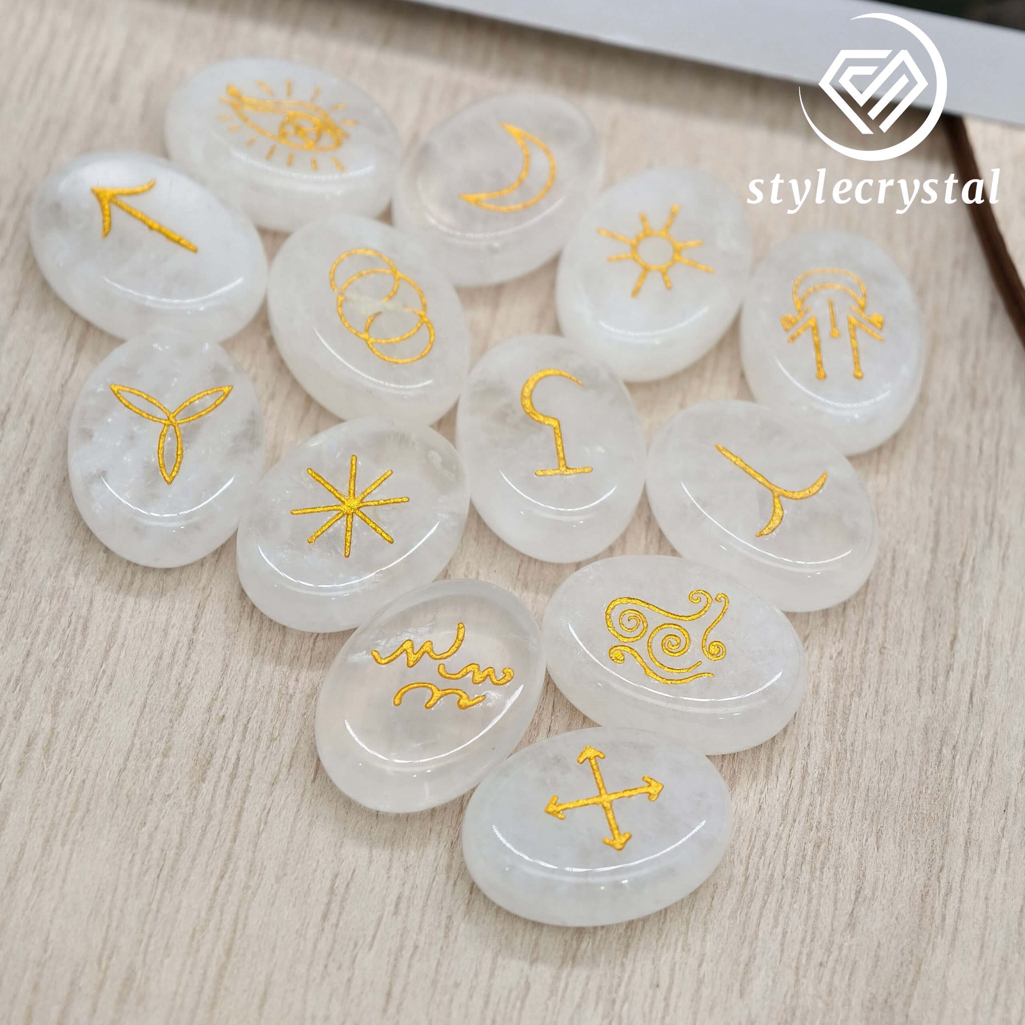 Crystal Rune Stones Set - Obsidian / Clear Quartz / Amethyst / Rose Quartz | Engraved Healing Crystals for Divination & Meditation - StyleCrystals