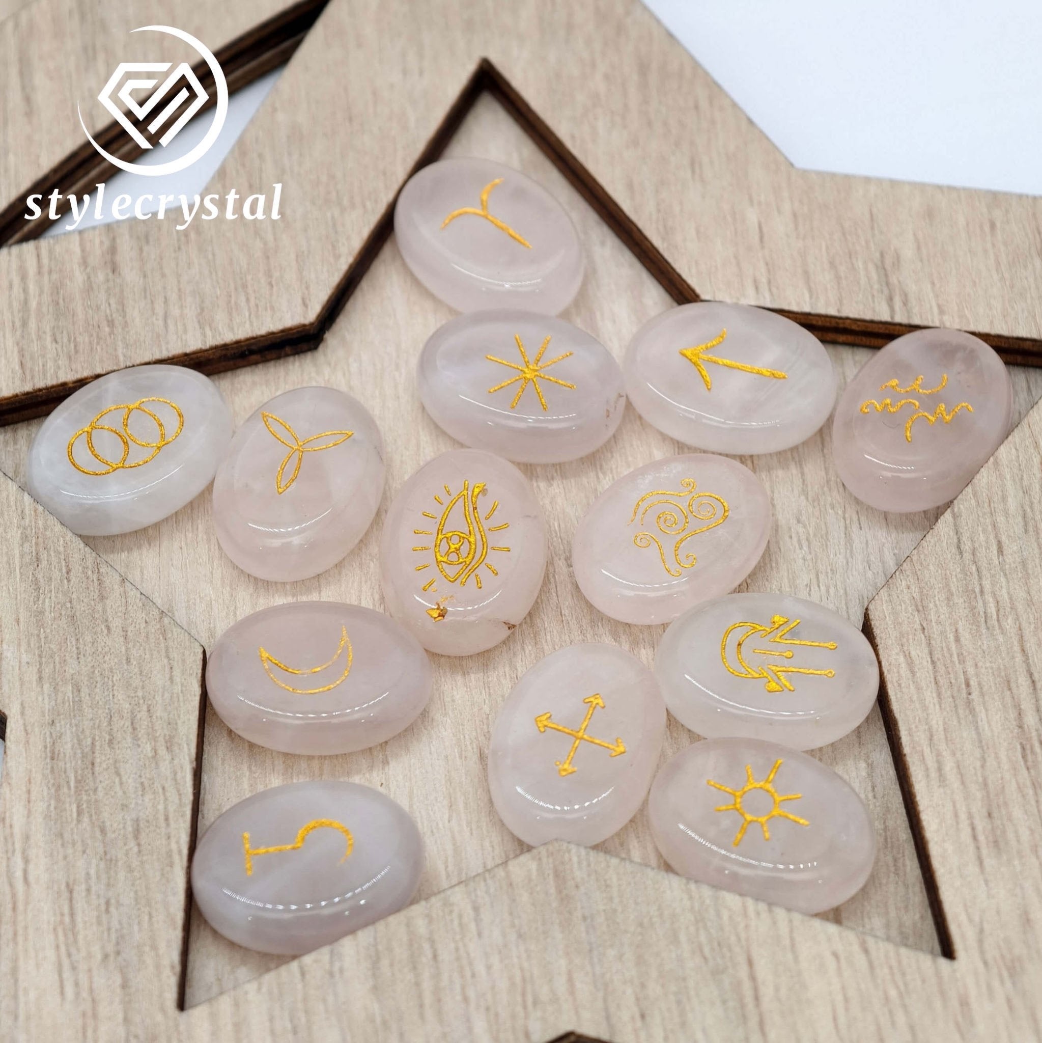 Crystal Rune Stones Set - Obsidian / Clear Quartz / Amethyst / Rose Quartz | Engraved Healing Crystals for Divination & Meditation - StyleCrystals