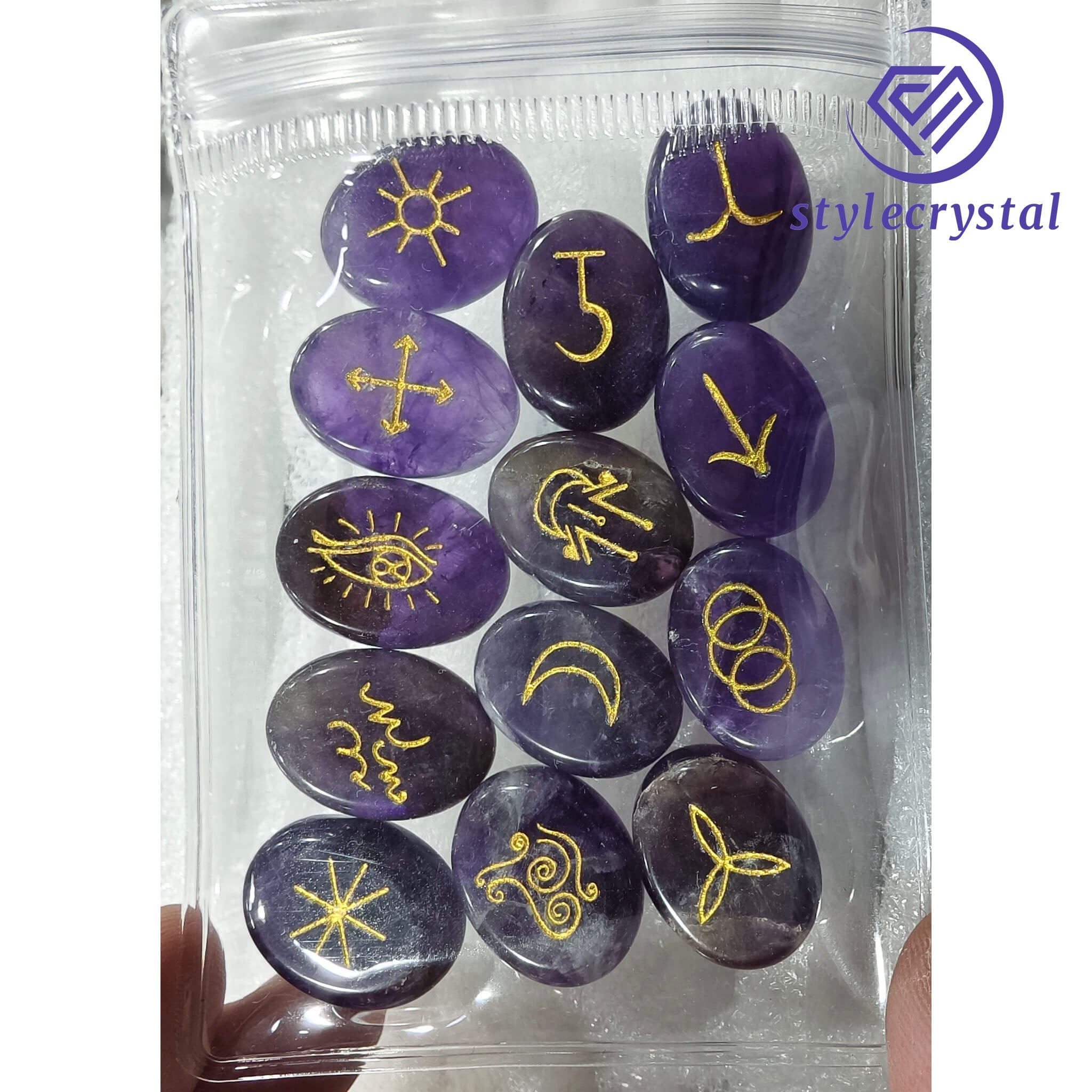 Crystal Rune Stones Set - Obsidian / Clear Quartz / Amethyst / Rose Quartz | Engraved Healing Crystals for Divination & Meditation - StyleCrystals