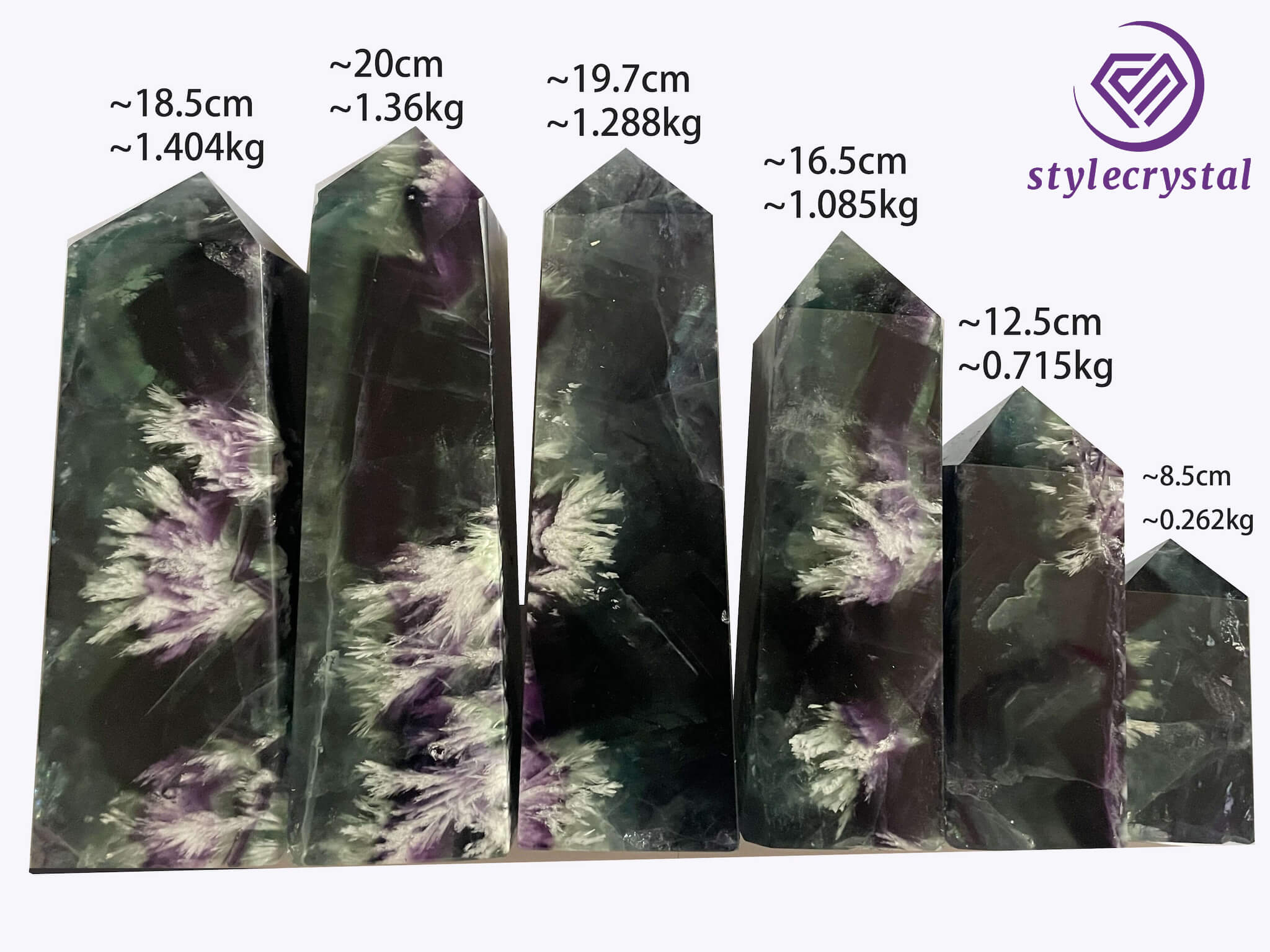 Feather Fluorite Tower Set (6 PCS) | Carved from One Stone | Rare Green & Purple Fluorite Crystals with Feather Inclusions - StyleCrystals