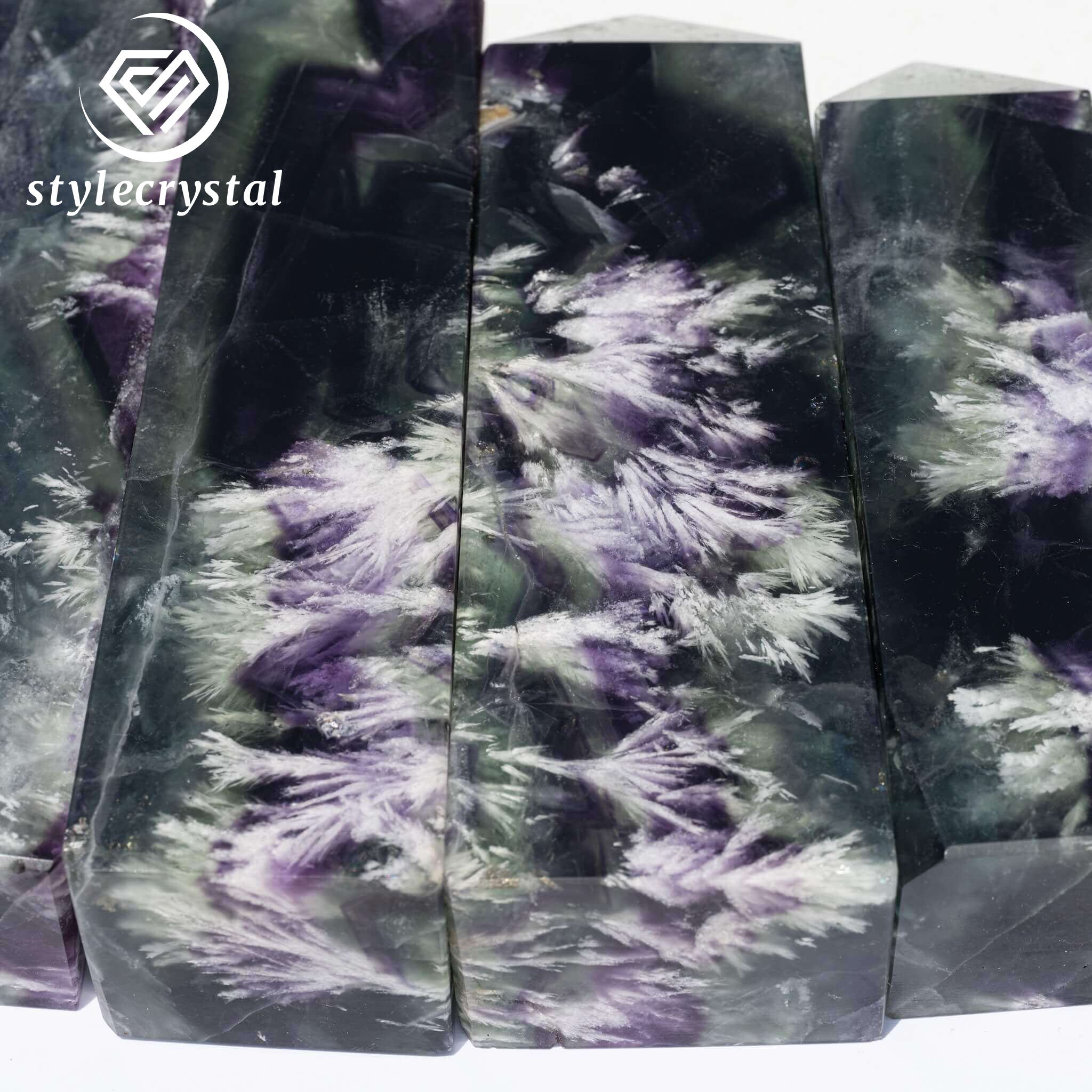 Feather Fluorite Tower Set (6 PCS) | Carved from One Stone | Rare Green & Purple Fluorite Crystals with Feather Inclusions - StyleCrystals