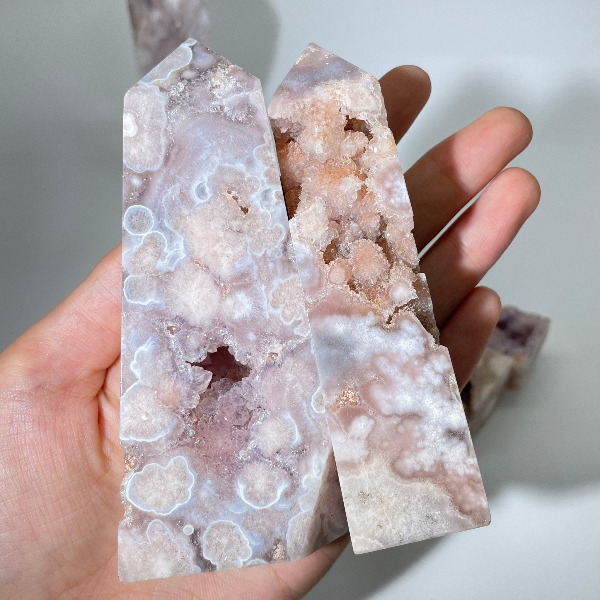 Druzy-filled pink flower agate point, perfect for chakra healing