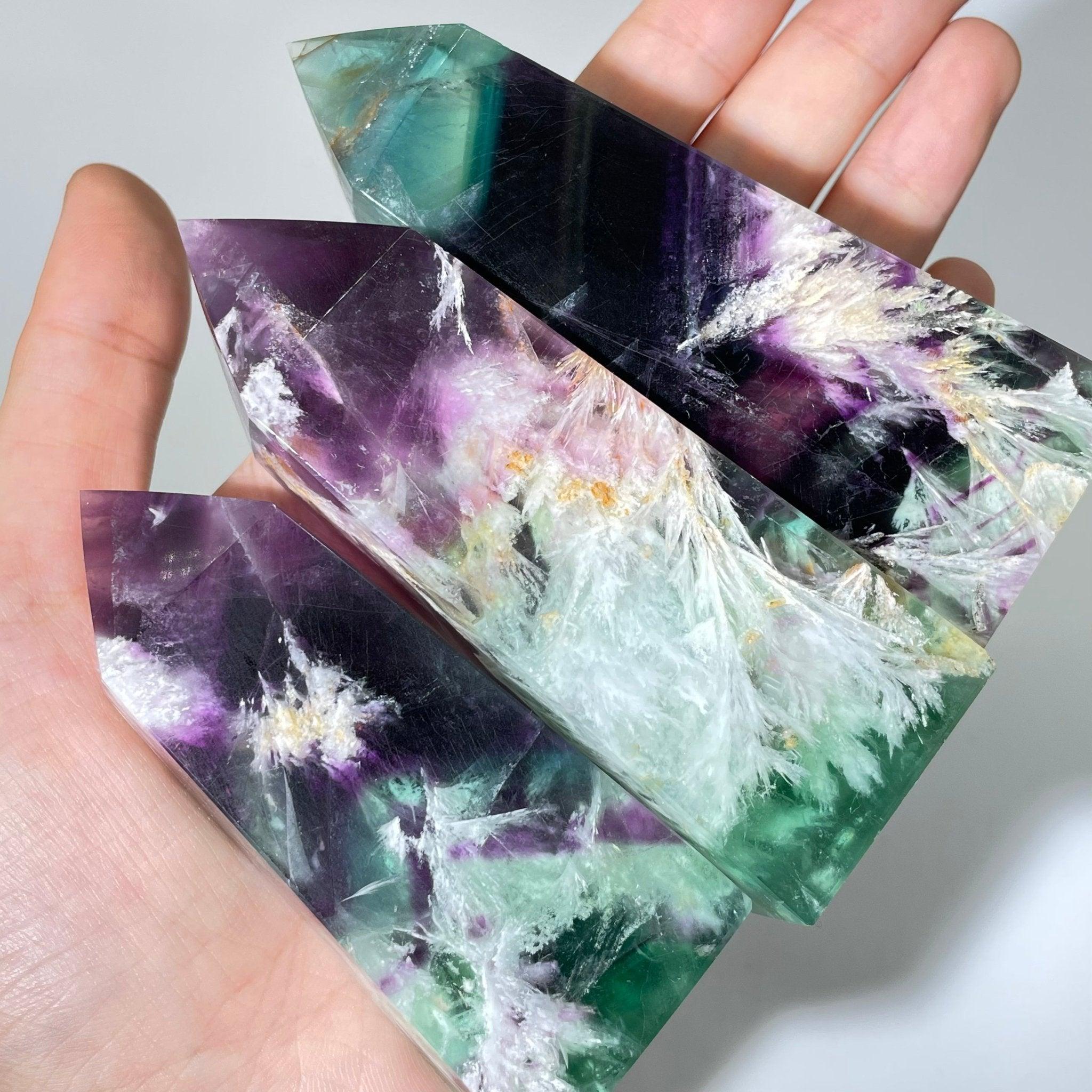 Rare fluorite tower with icy crystal formations